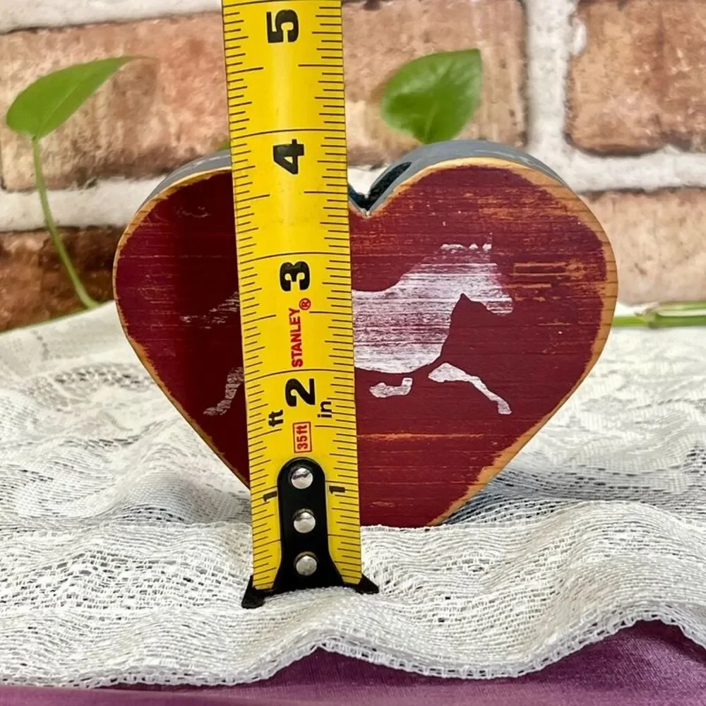 VTG Hand Painted Wood Heart Horse Small Candle Holder Cottage Farmhouse